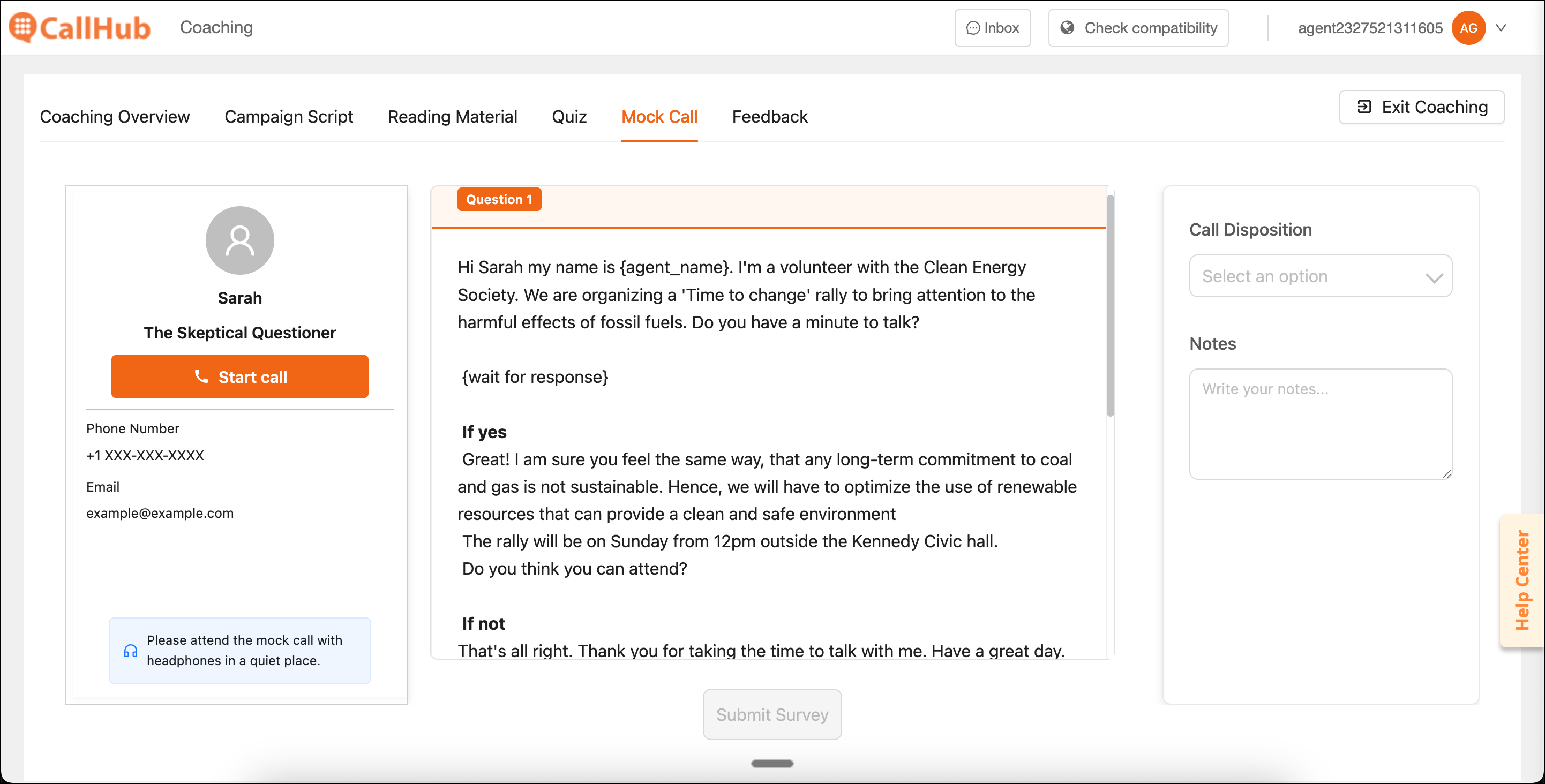 Mock call screen with the AI-powered practice caller